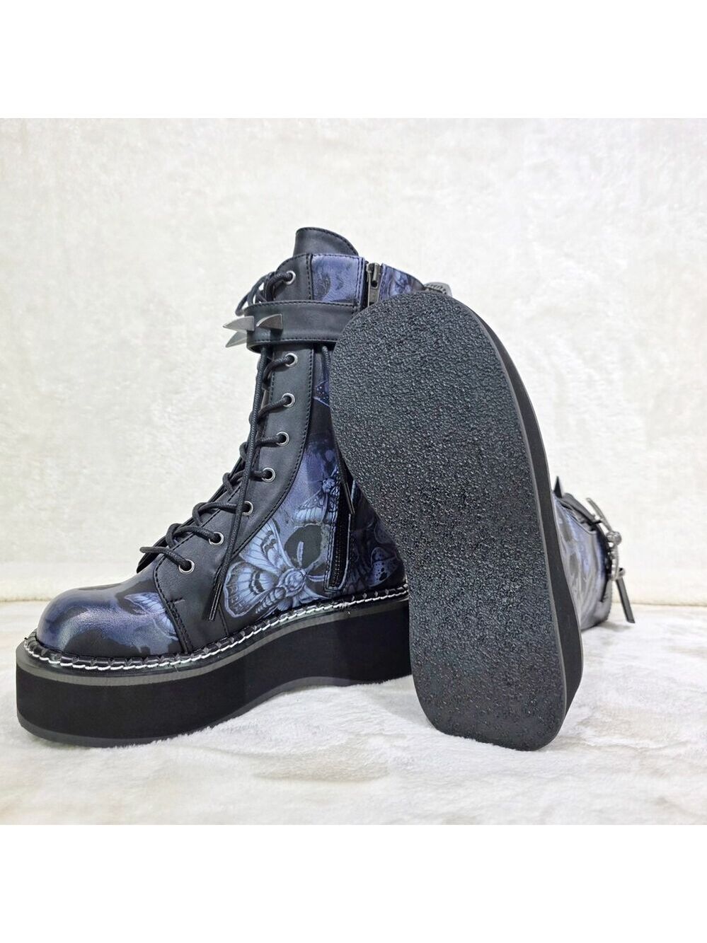 NIB NEW DEMONIA Emily Death Moth Skull Graphic Platform Goth Punk Mid Calf Boots - Picture 7 of 16